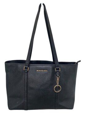 Michael Kors Black Saffiano Leather Tote Bag with Gold Hardware & Zipper Closure